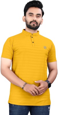 JHN Striped Men Mandarin Collar Yellow T-Shirt