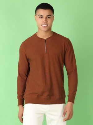 V-MART Solid Men Henley Neck Brown T-Shirt