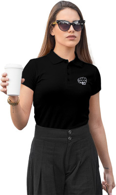 Fighterhero Solid Women Polo Neck Black T-Shirt
