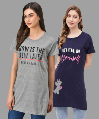 Christy World Typography, Striped Women Round Neck Grey, Blue T-Shirt