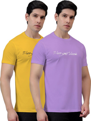 Elegant Sleek Solid Men Round Neck Yellow, Purple T-Shirt