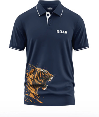 Warriorworld Animal Print Men Polo Neck Navy Blue T-Shirt