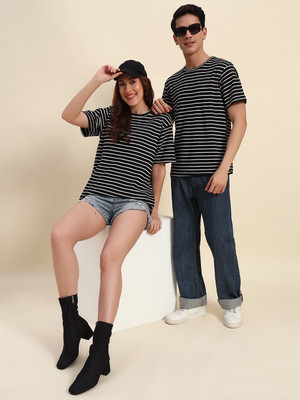 THE DRY STATE Striped Couple Round Neck Black T-Shirt
