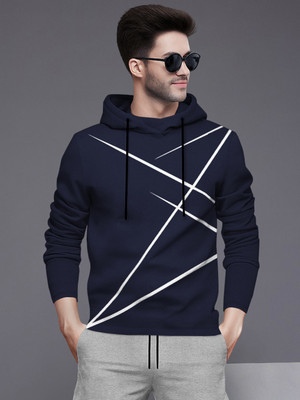 BLIVE Printed Men Hooded Neck Navy Blue T-Shirt