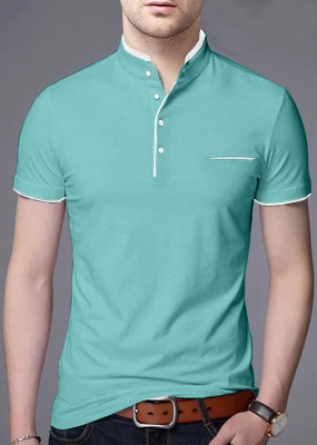AUSK Solid Men Mandarin Collar Light Blue T-Shirt