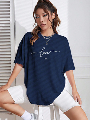 HOC Solid Women Round Neck Dark Blue T-Shirt