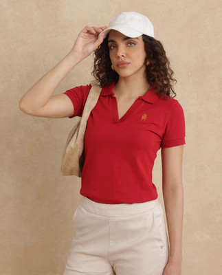 RAREISM Solid Women Polo Neck Green T-Shirt