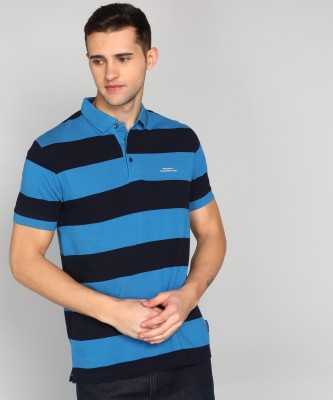 French Connection Striped Men Polo Neck Blue T-Shirt