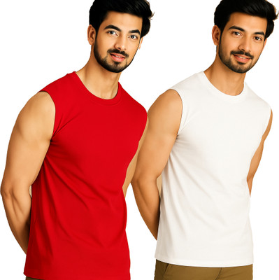 Jangoboy Solid Men Round Neck Red, White T-Shirt