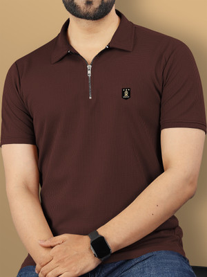 VeBNoR Solid Men Zip Neck Brown T-Shirt