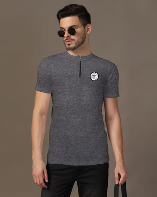 Lawful Casual Printed Men Mandarin Collar Grey T-Shirt