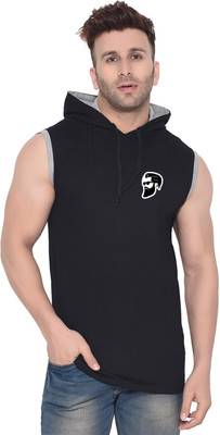 Money Leaf Solid Men Hooded Neck Black T-Shirt
