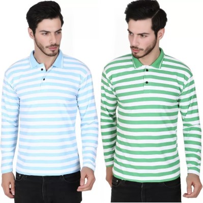 Bhadawar creations Striped Men Polo Neck Blue, Green T-Shirt