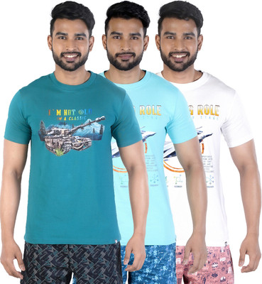 COLORS by Rupa Frontline Graphic Print Men Round Neck Green, Light Blue, White T-Shirt
