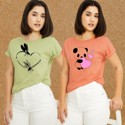 Kasendra Graphic Print Women Round Neck Green, Pink T-Shirt