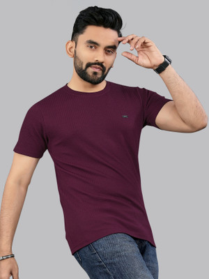 CELLUX Solid Men Round Neck Maroon T-Shirt