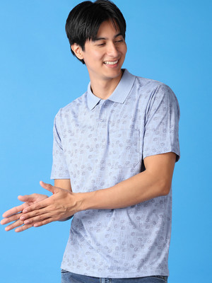 V-MART Printed Men Polo Neck Blue T-Shirt