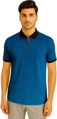 R ROCKIN TEES Striped Men Zip Neck Blue T-Shirt