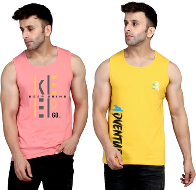 SLOWLORIS Printed Men Round Neck Pink, Yellow T-Shirt