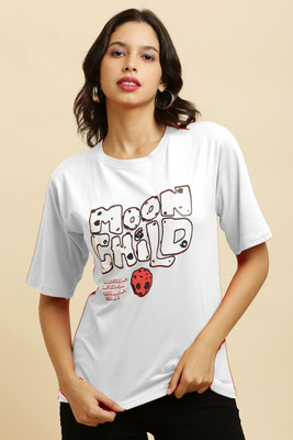 Purser Printed Women Round Neck White T-Shirt