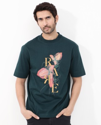 RARE RABBIT Printed, Typography Men Round Neck Green T-Shirt