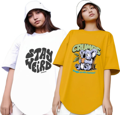 R S Fashion Printed Women Round Neck White, Yellow T-Shirt