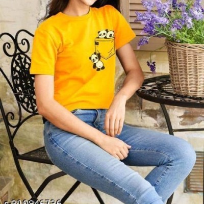 TARSHI Printed Women Round Neck Yellow T-Shirt