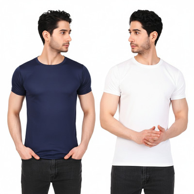 Riddhi Siddhi Enterprises Solid Men Round Neck Navy Blue, White T-Shirt