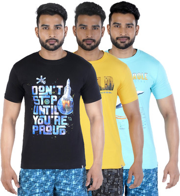 COLORS by Rupa Frontline Printed Men Round Neck Black, Yellow, Light Blue T-Shirt