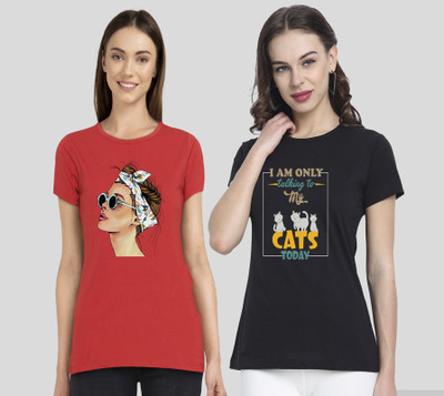 CHOZI Printed Women Round Neck Red, Black T-Shirt