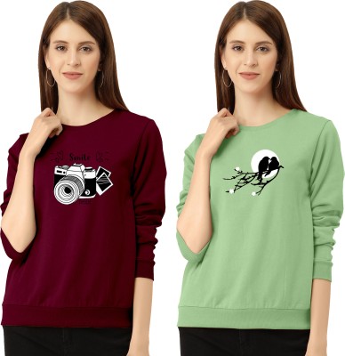 ZentWorld Printed Women Round Neck Maroon, Light Green T-Shirt