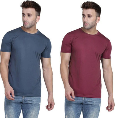 TQH Solid Men Round Neck Maroon, Grey T-Shirt
