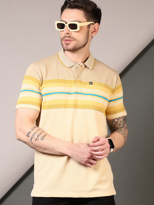 V-MART Striped Men Polo Neck Yellow T-Shirt