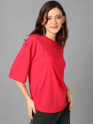 HouseOfCommon Solid Women Round Neck Red T-Shirt