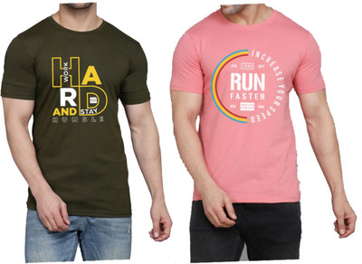 WOOSTRO Printed Men Round Neck Dark Green, Pink T-Shirt