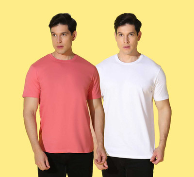 WOOSTRO Solid, Printed Men Round Neck Pink, White T-Shirt
