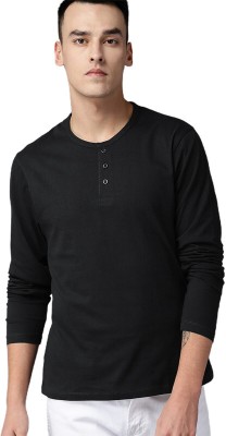 LazyChunks Solid Men Henley Neck Black T-Shirt