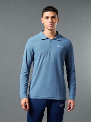 TECHNOSPORT Solid Men Zip Neck Blue T-Shirt