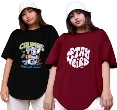 Xsware Printed Women Round Neck Black, Maroon T-Shirt