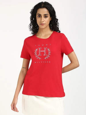 TOMMY HILFIGER Printed Women Crew Neck Red T-Shirt