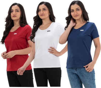 STYLE AK Solid Women Round Neck Red, White, Blue T-Shirt