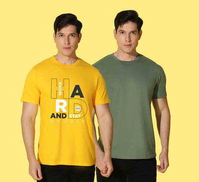 WOOSTRO Printed Men Round Neck Yellow, Green T-Shirt
