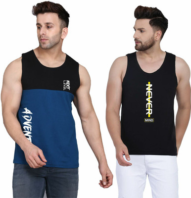 SLOWLORIS Printed Men Round Neck Black, Dark Blue T-Shirt