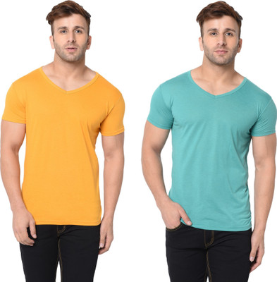Tresna Trending Solid Men V Neck Yellow, Light Green T-Shirt