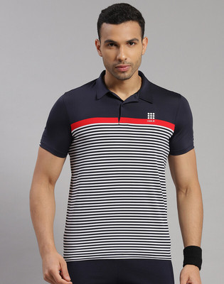 Rock.it Striped Men Polo Neck Navy Blue T-Shirt