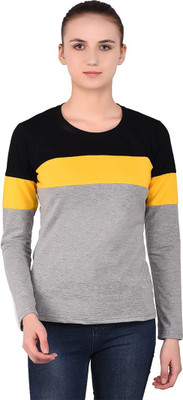 GEUM Striped Women Round Neck Black, Grey, Yellow T-Shirt