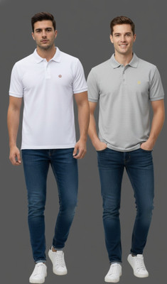 MADBORN CREATION Solid Men Polo Neck White, Grey T-Shirt