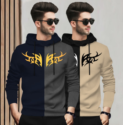 BLIVE Printed Men Hooded Neck Navy Blue, Grey, Black, Beige T-Shirt