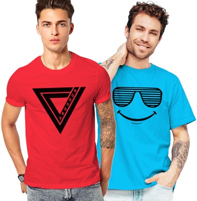 FADMARK Printed Men Round Neck Red, Blue T-Shirt