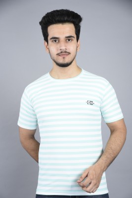 Exude style Striped Men Round Neck Light Blue, White T-Shirt